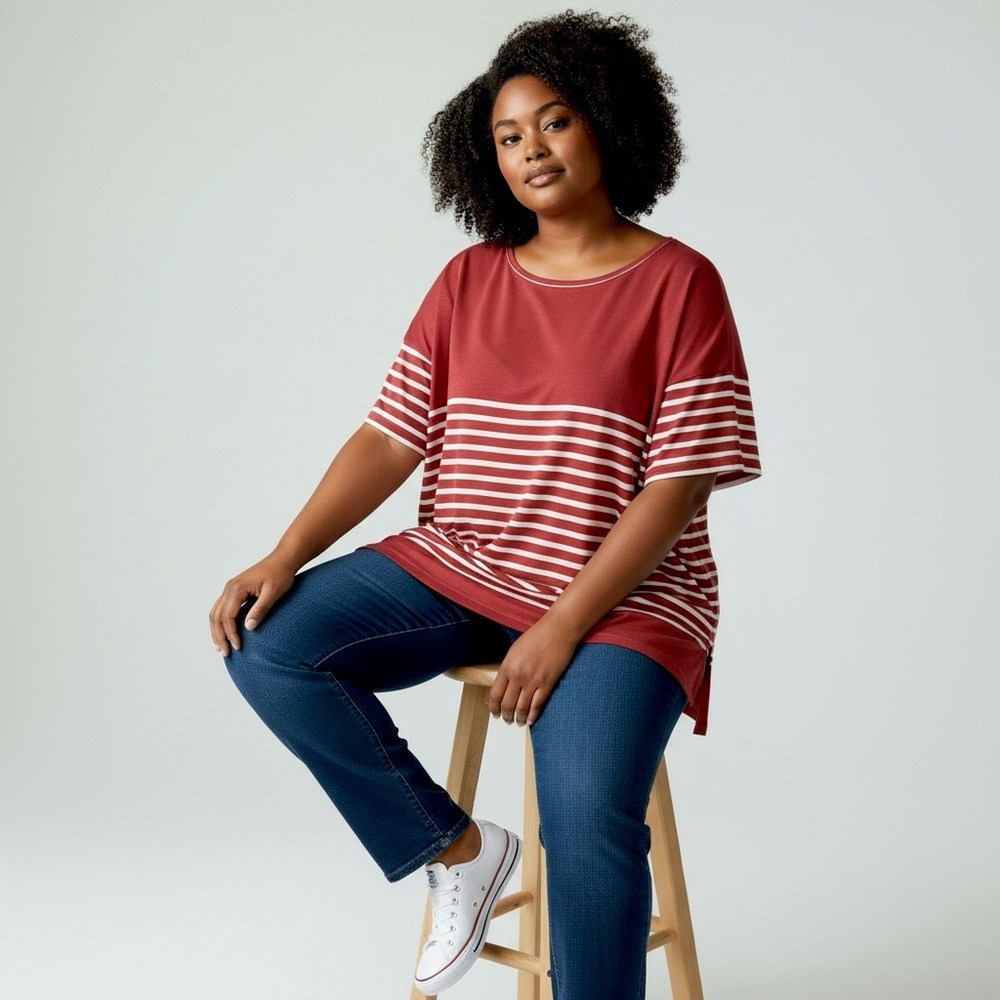 Max Studio Knit Sweater Striped Short Sleeves Crew Neck Pullover Stretchy